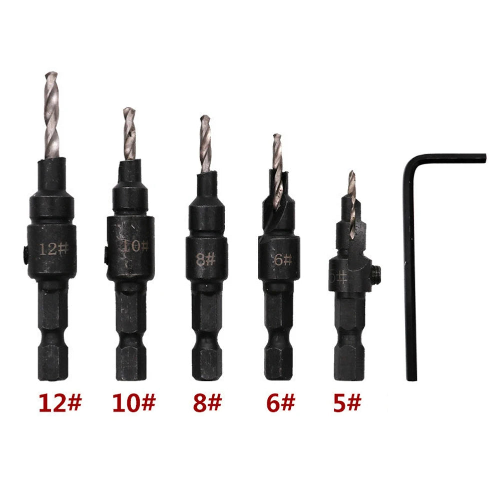 5Pcs/Set Countersink Drill Bit Set  Woodworking Drilling Tool Drill Bit  For Pilot Holes For Screw Sizes 5-14#
