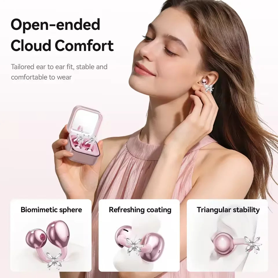 Clip On Open Ear Bluetooth 6.0 Earbuds, Jewelry Box LED Mirror Fill Light, HiFi Stereo Headphones, Fashion Gift For Women