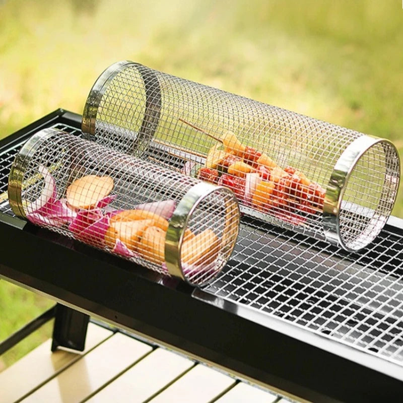 2pcs Rolling Grilling Baskets for Outdoor Grill Bbq Net Tube Stainless Steel Round Mesh Rotation Barbecue Cage Grill Accessories