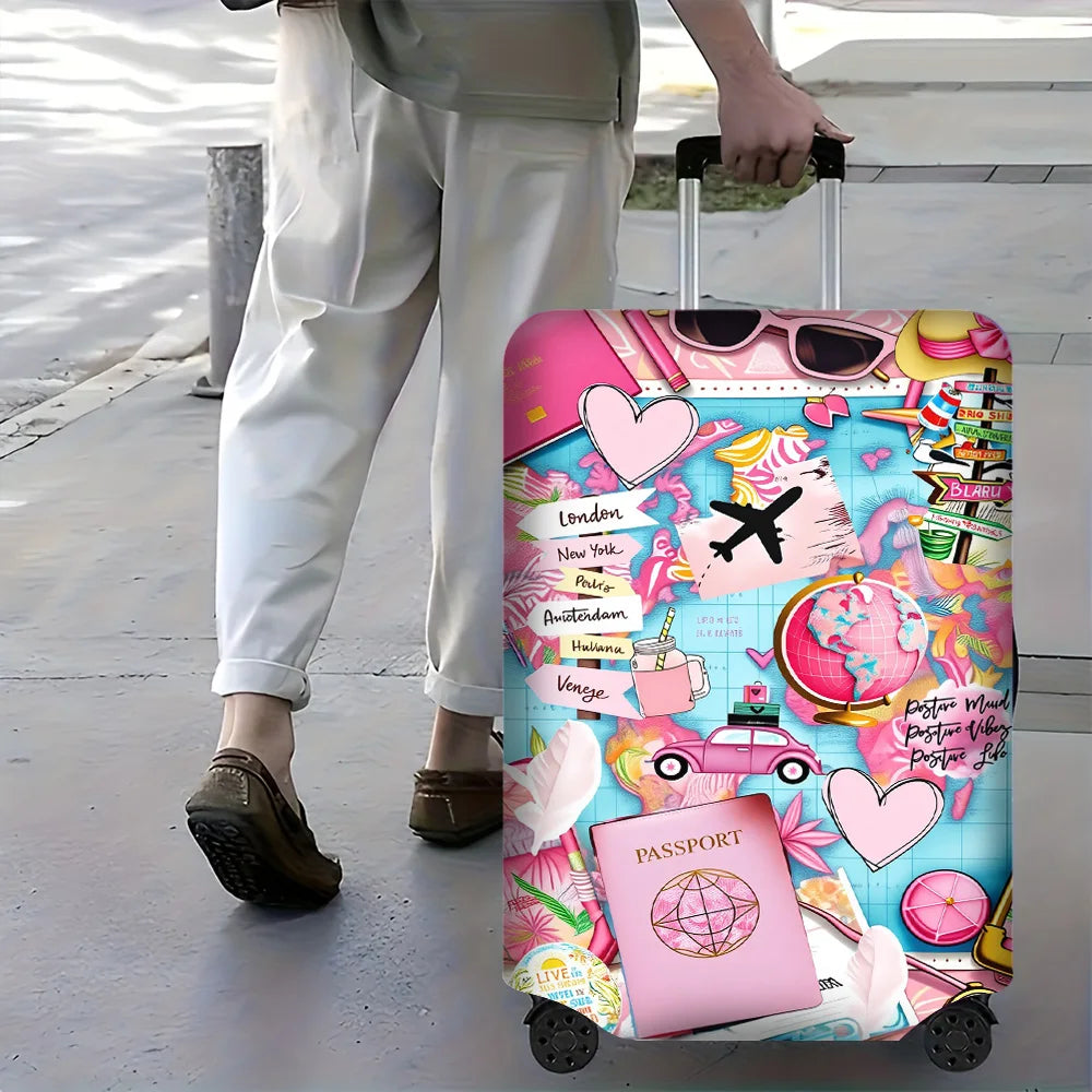 1PC Tropical Pink Travel Collage Print Luggage Cover for luggage sizes 18-32 inches; dust and elastic travel accessories to e