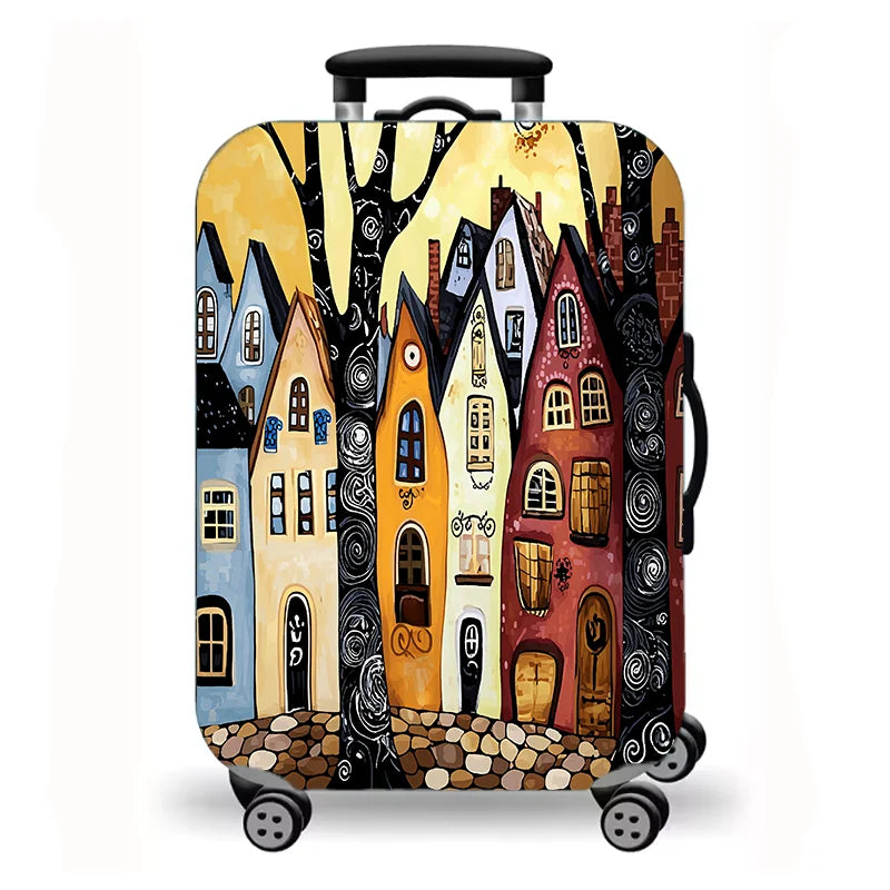 Luggage Cover, Colorful Fairy Tale Town Folk Art Print Stretch Suitcase Protector, Washable Anti-Scratch Travel Baggage Cover