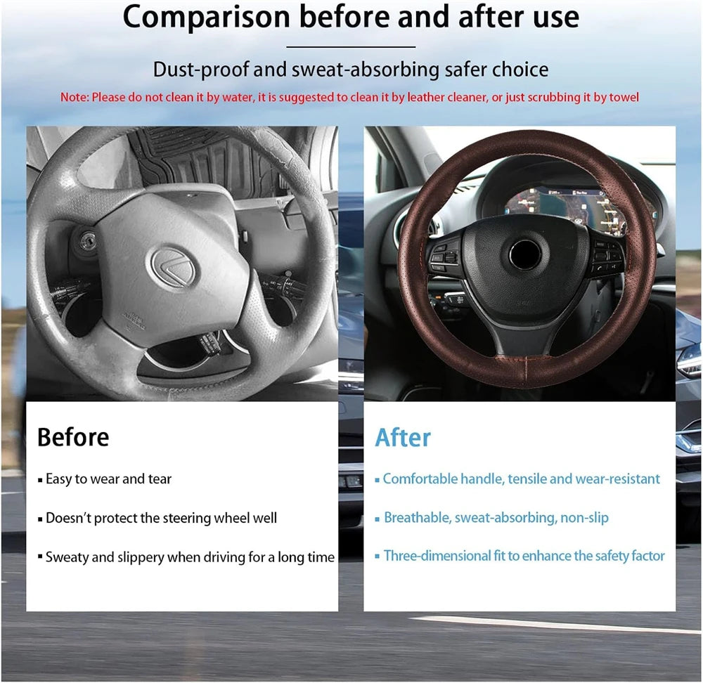 Universal Braid Steering Wheel Cover 38cm Leather Hand Sewing Steering Wheel Cover Genuine Cowhide Leather with Needles Thread