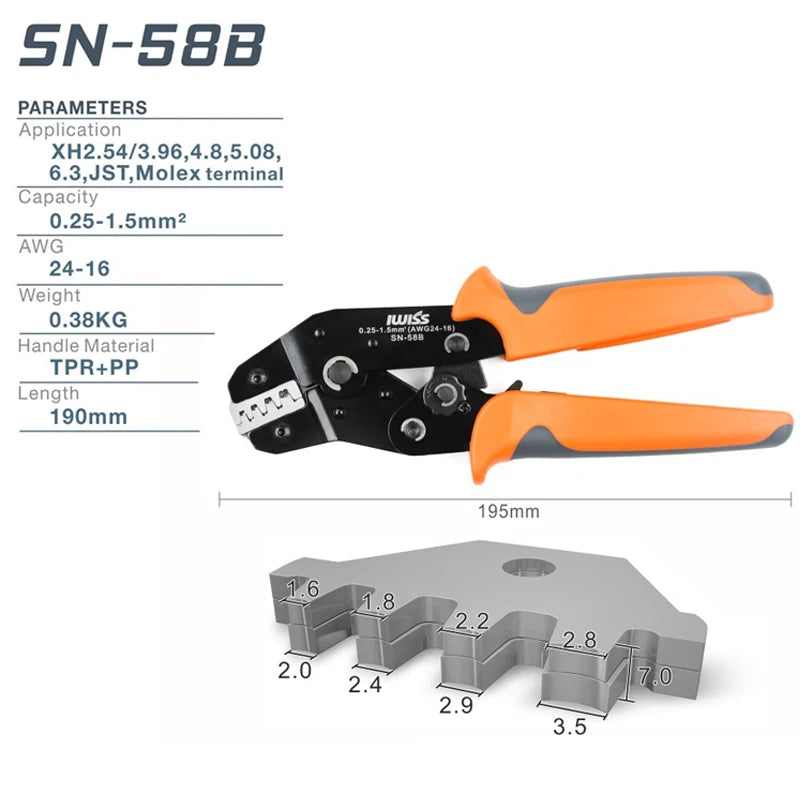 IWISS SN-58B=28B+48B Wire Crimping Pliers 0.25-1.5mm² For Box TAB 2.8/4.8/6.3 SM2.5 XH2.54 Terminals Kit Electrical Hand Tools