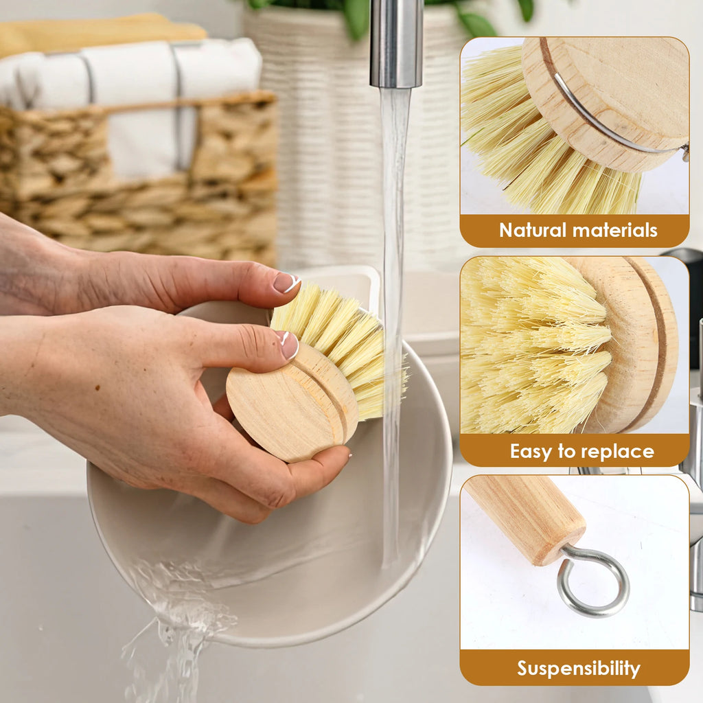 3/4/5/10Pcs Bamboo Dish Scrub Brushes Replaceable Dish Brush Kitchen Cleaning Scrubbers Household Cleaning Brush Wooden Tool