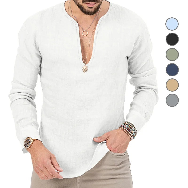 2026 Henry Linen Long Sleeve T-Shirt Men's Slim Fit Solid Color European and American Large Size Deep V-Neck Top Men