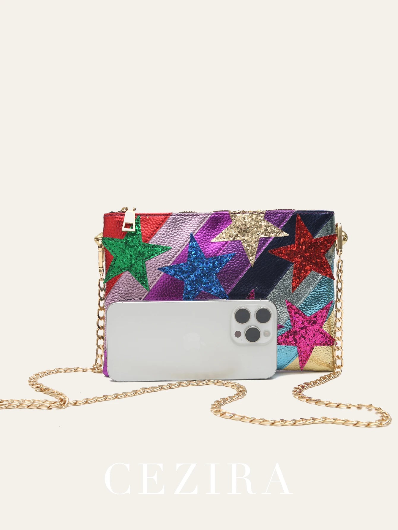 Luxury Chic Women Metallic PU Vegan Leather Square Clutch Stars Pattern Colorful Stripes Chain Shoulder Handbag Party Date Gift
