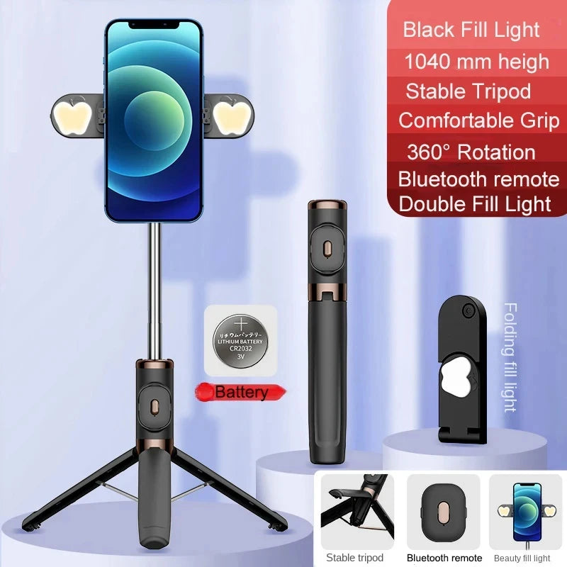 M01S Selfie Stick with Tripod Remote Control Wireless Bluetooth-Compatible Retractable Double Fill Light for IOS Android IRO