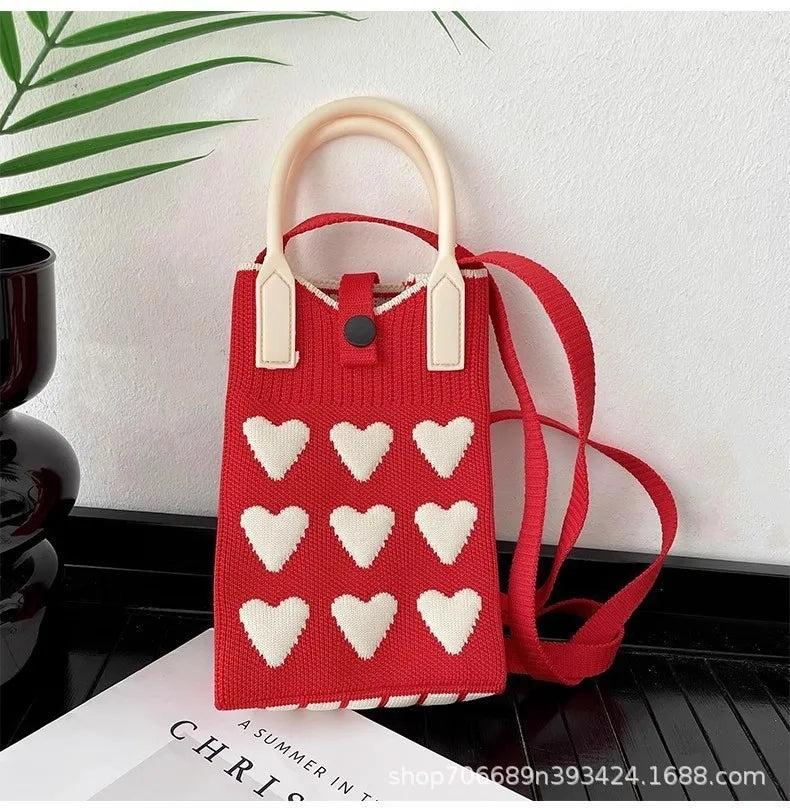 Love mobile phone bag female Korean version knitted sweet hand carry messenger versatile student small change bag storage messen