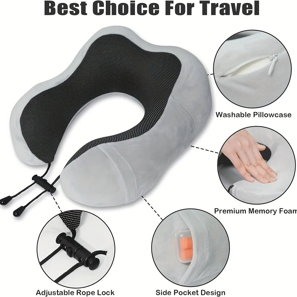 Travel Pillow, Airplane Sleep Travel Pillow, Memory Foam Neck Pillow Set Includes Eye Mask, Earplugs, and Storage Pouch