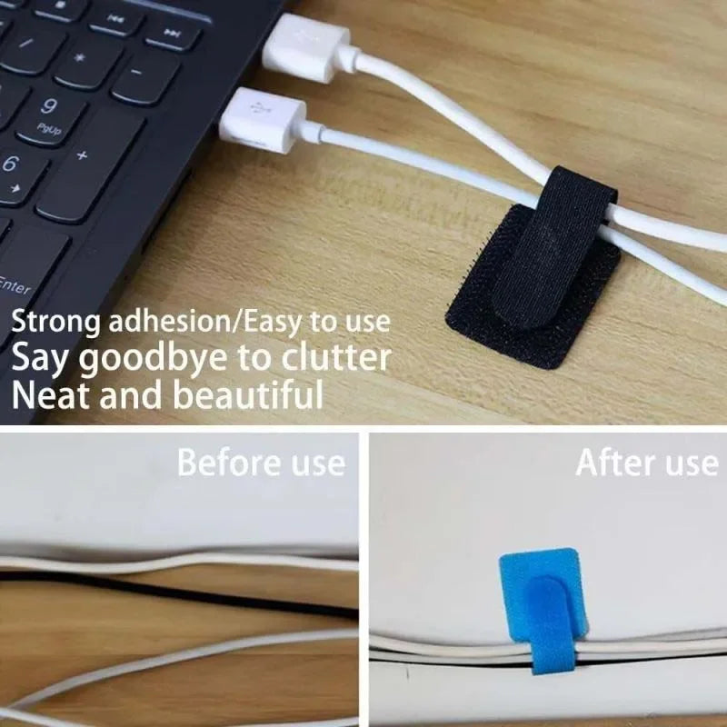 Self Adhesive Reusable Hook and Loop Cable Ties - Adjustable Cord Organizer Straps for Desk, Home & Office Cable Management