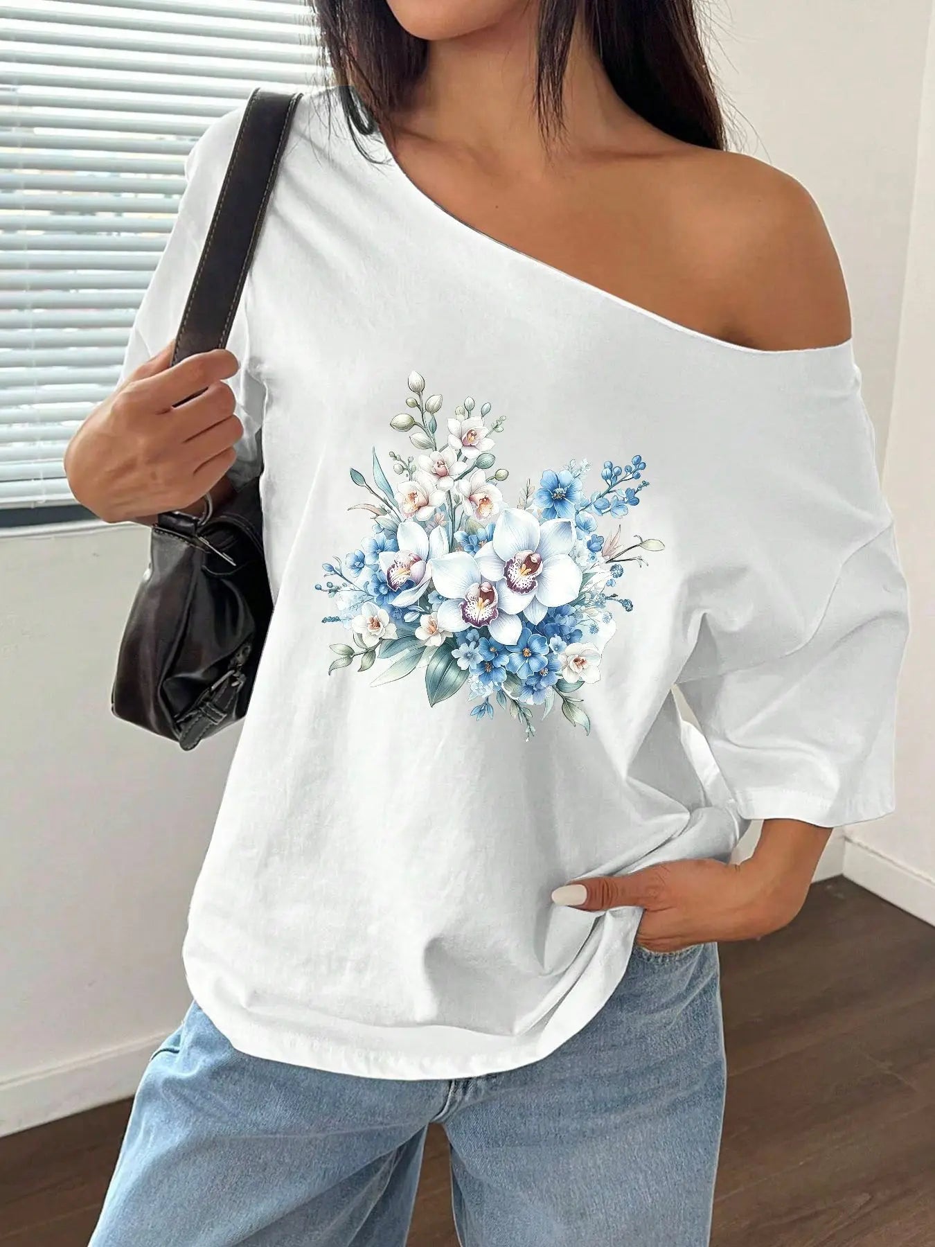 100% Cotton Plus Size Blue White Orchid Floral Print Shoulder Loose Print T-Shirt Oversized Y2K Style Graphic Tees Women Tops