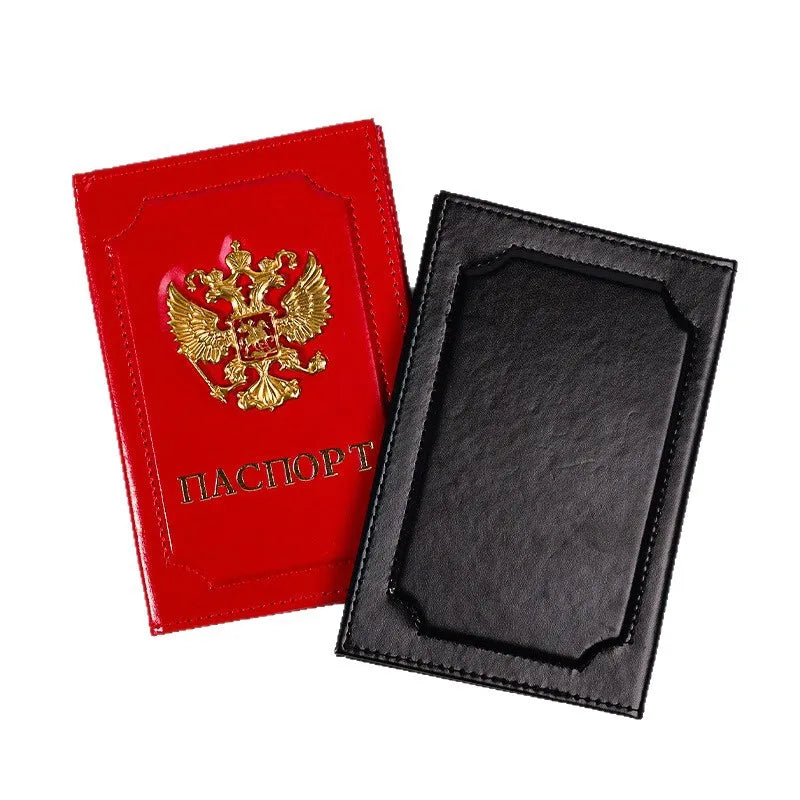 Unisex Russia Passport Holder Travel Organizer PU Leather Ticket Card Case Protective Cover with Gold Russian Badge Embossing