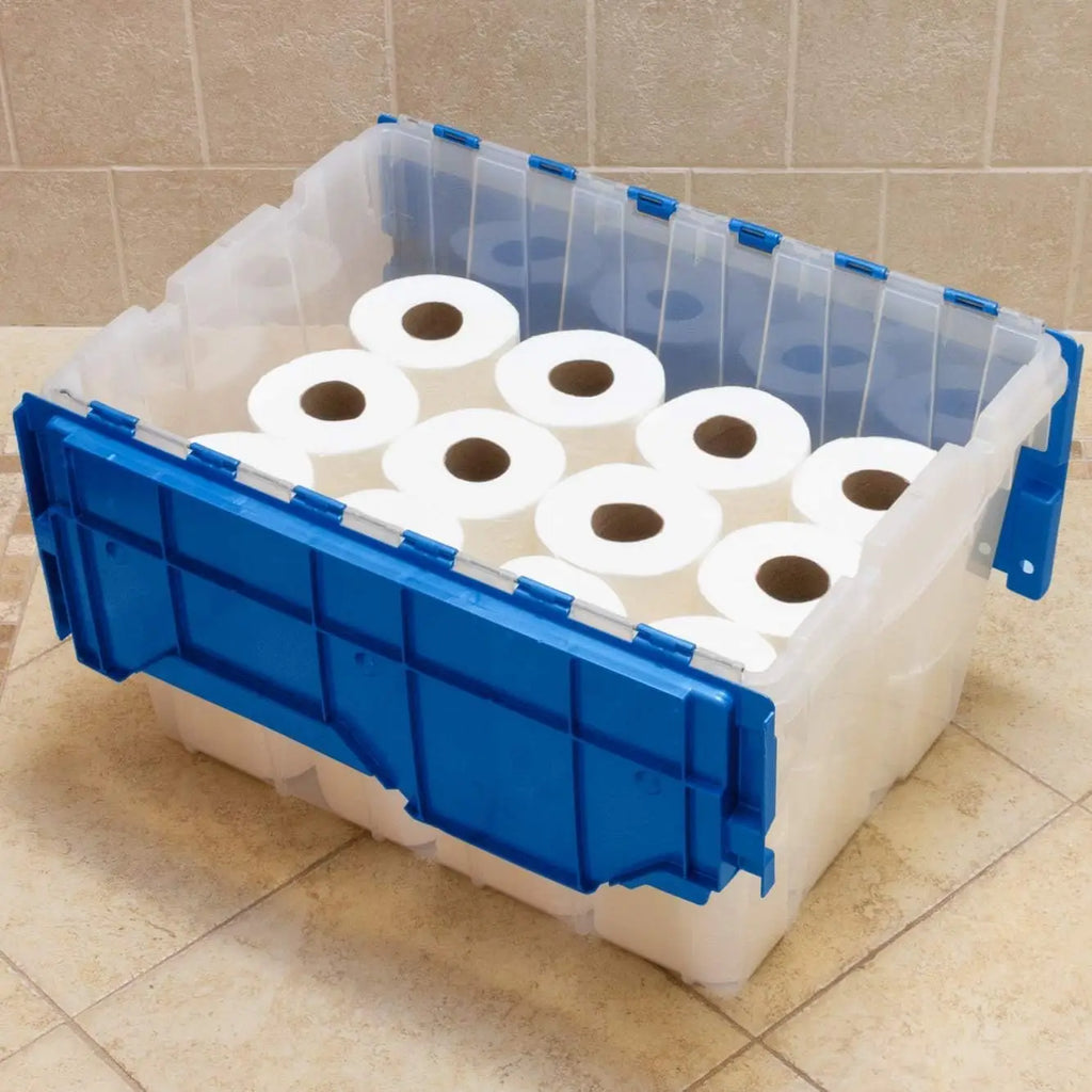 12 Gallon Storage Container, Nesting and Stackable Plastic Storage Box with Lid Attached, Clear Tote for Garages, Closets, and Moving, 21-1/2" x 15" x 12-1/2", Clear/Blue