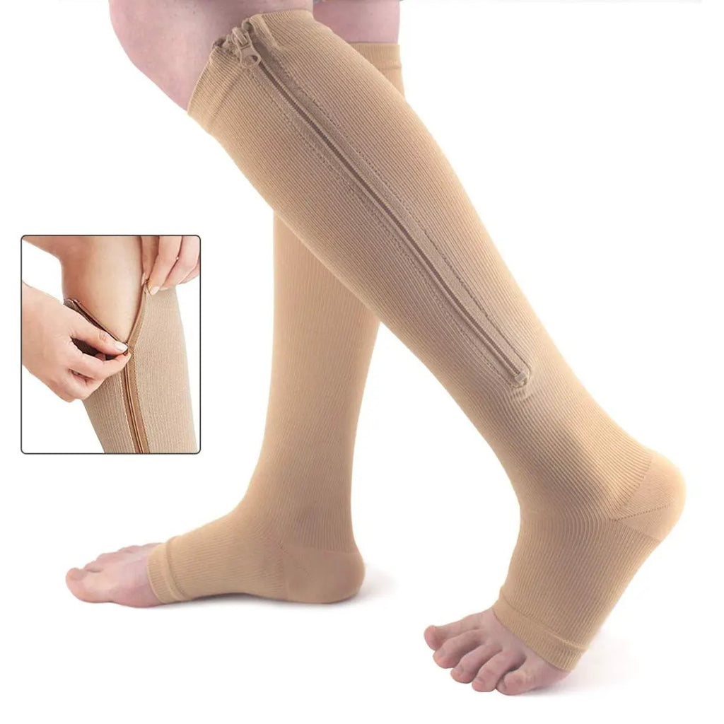 Knee-high Calf Compression Sock Men Women Support Knee Zipper Open Toe Thin Anti Fatigue Stretchy Medical Varicose Veins Hosiery
