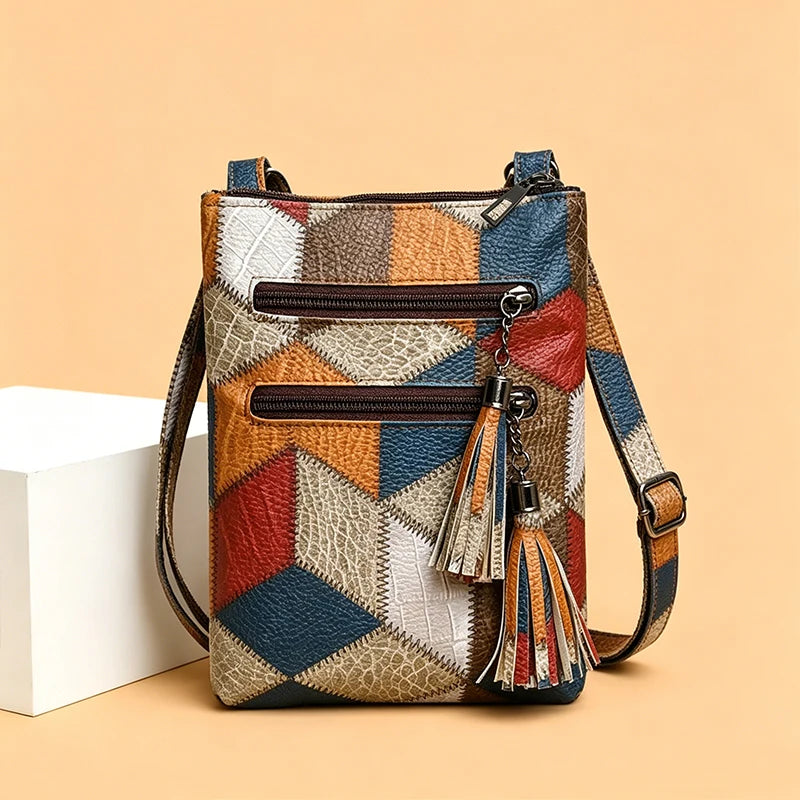 Color Block Vintage Rider Mini Crossbody Pouch Faux Leather Patchwork, Compact Sling Bag for Motorbike Outdoor Leisure Walks