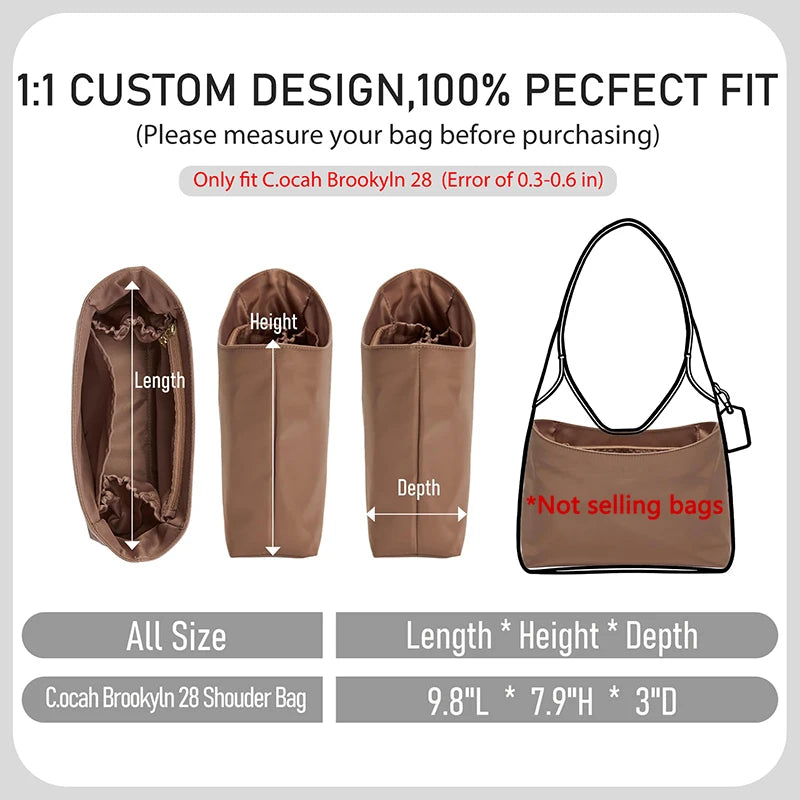 Nylon Purse Organizer Insert Custom-fit For Brooklyn 28 Lightweight Waterproof Handbag Shaper Protector with Zipper Pocket