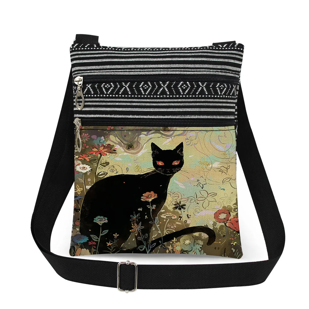 Cute Cartoon Black Cat Print Crossbody Bags Shoulder Bags For Women Daily Travel Portable Small Messenger Bags Catkeeper Gift