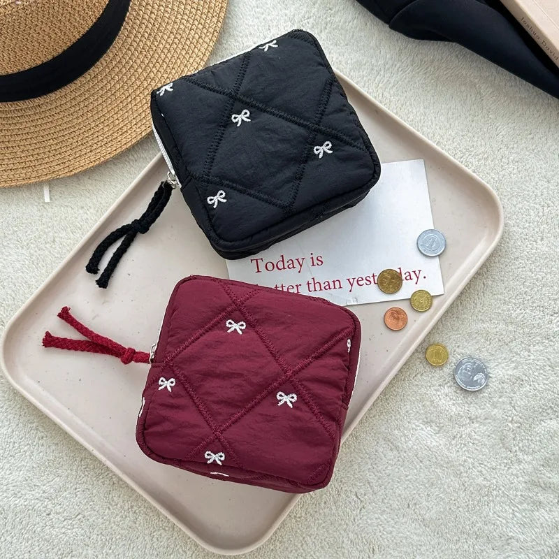 1pc Gift Bow Sanitary Napkin Organizer Bag Coquette Quilted Women's Mini Clutch Bag Cotton Keychain Earphone Coin Purse