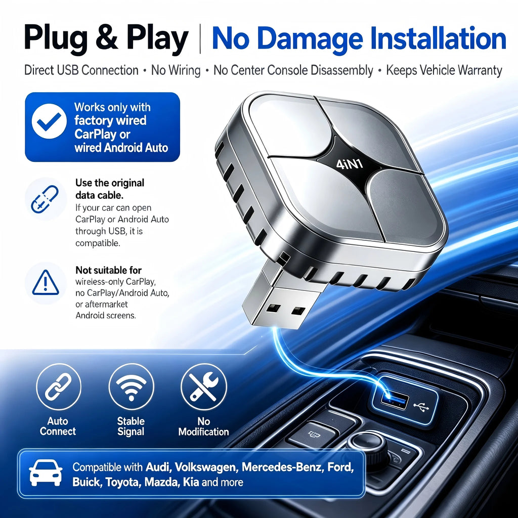 4 IN1 Car Wireless CarPlay Adapter Wired To Wireless Android Auto Dongle AirPlay Miracast Mirror Plug And Play Auto Connect
