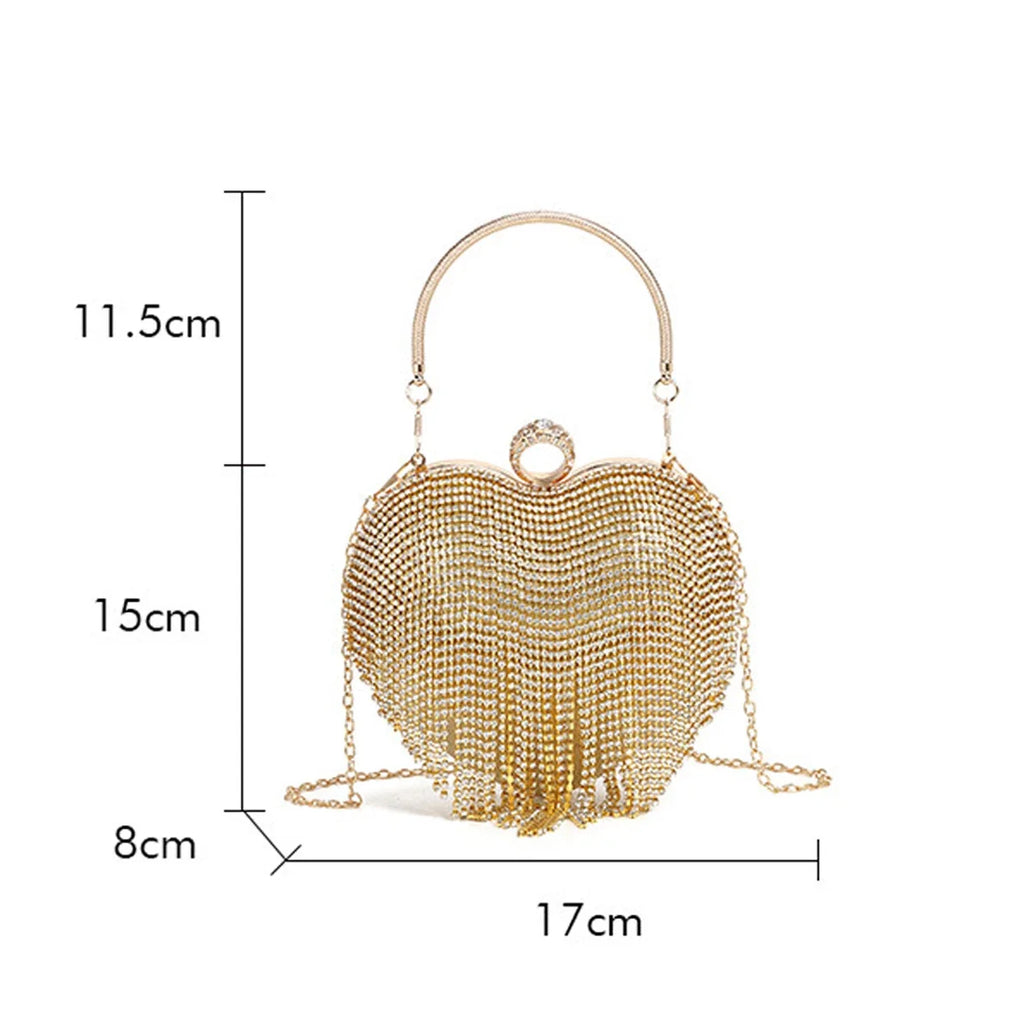 Rhinestone Evening Bag Heart Pattern Silver Handbag Womens Diamond Tassel Banquet Clutch And Purse Wedding Bridal Prom Wallets