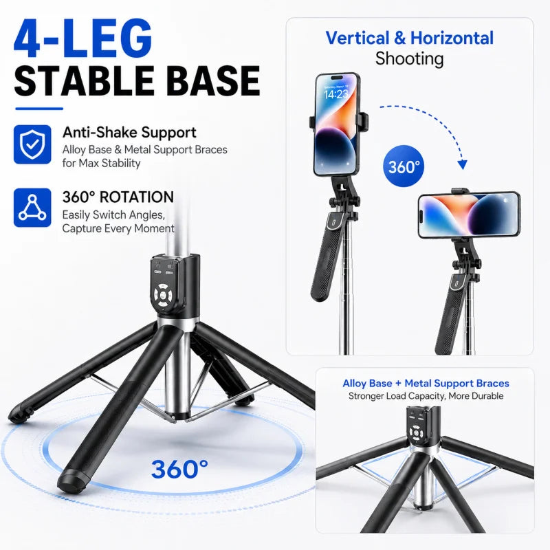 P320 Long Stainless Steel Selfie Stick, 4-Leg Bluetooth Phone Tripod Stand with Dual Remote for Live Streaming and Photography