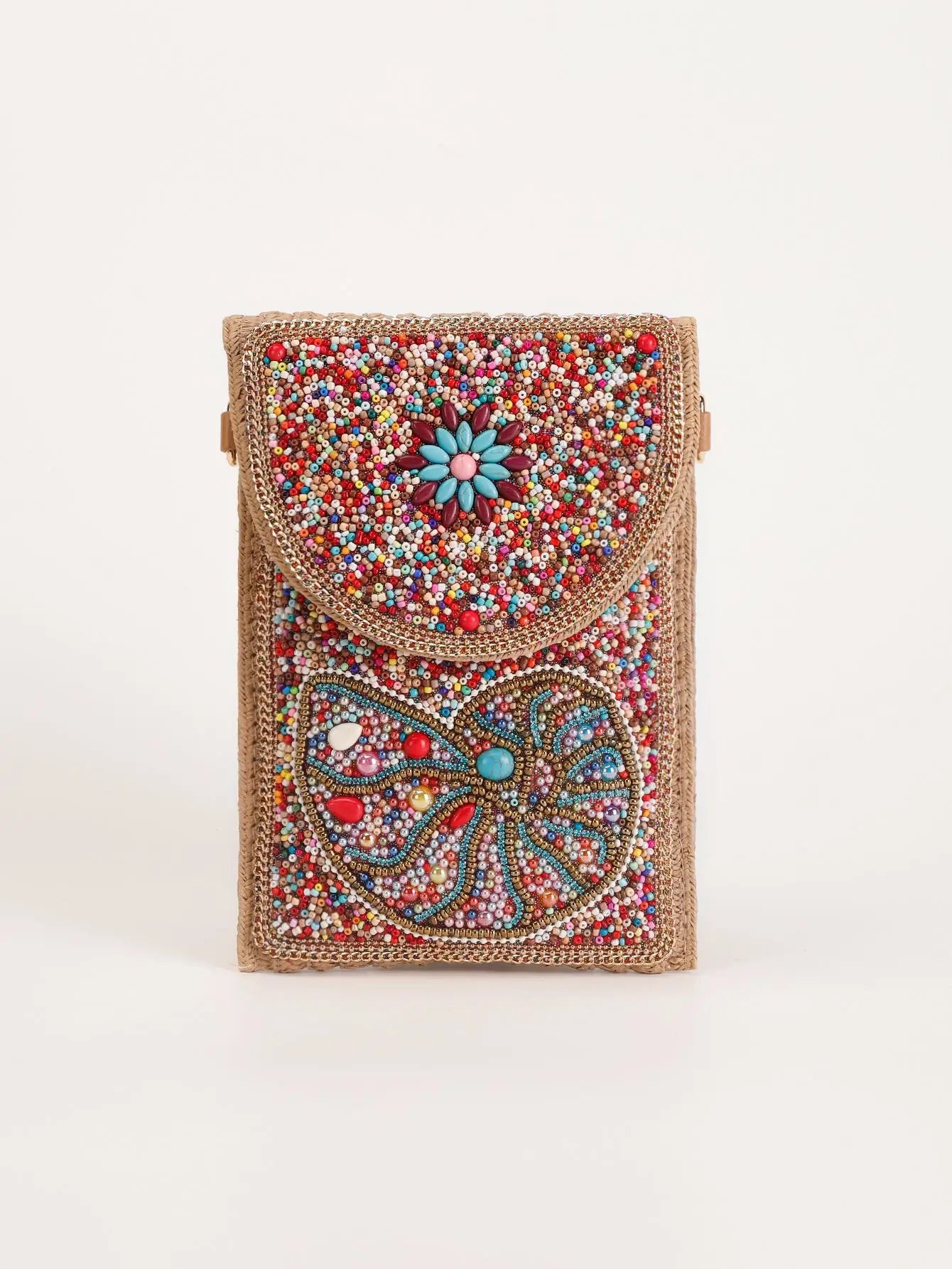 Advanced straw woven crossbody bag, new fashionable rice bead bag, European and American woven women's shoulder phone bag