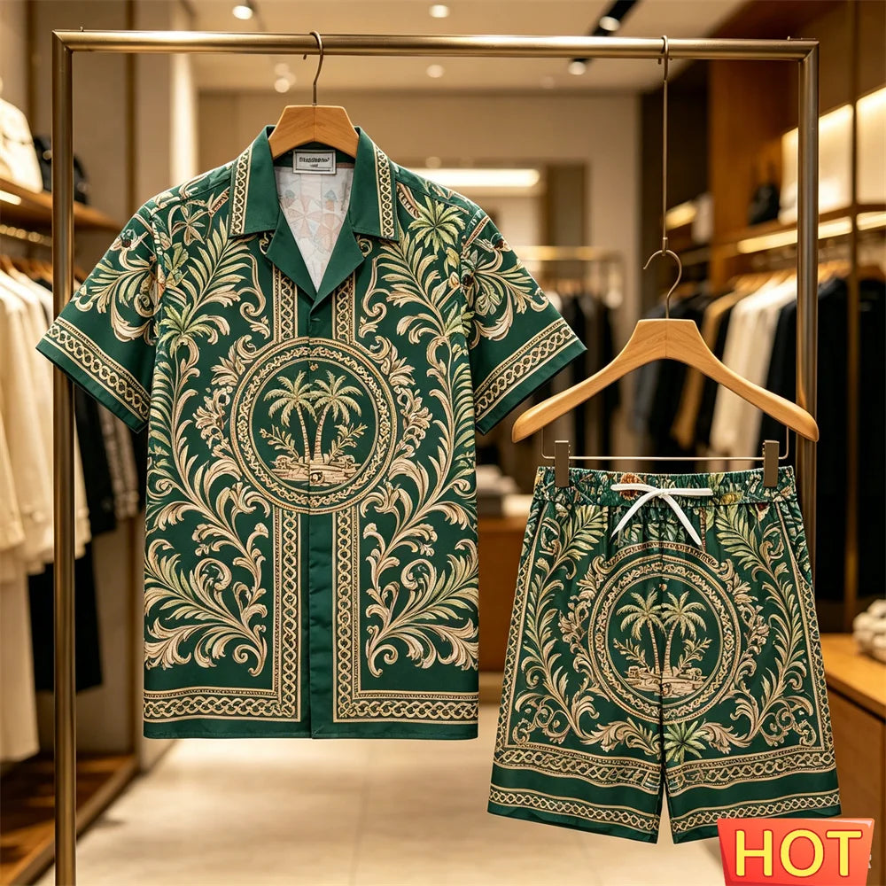 Men's Summer Tees Sets Fashion Coconut Tree 3D Print Short Sleeve Tops +Shorts 2 Piece Outfit Hawaiian Beach Vacation Shirt Suit
