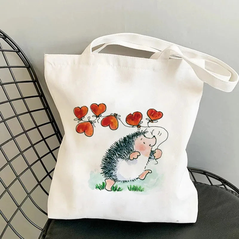 Cute Hedgehog Pattern Canvas Tote Bag With Adorable Heart Mushroom Balloon DesignsStylish Versatile Shoulder Bag For Daily Use