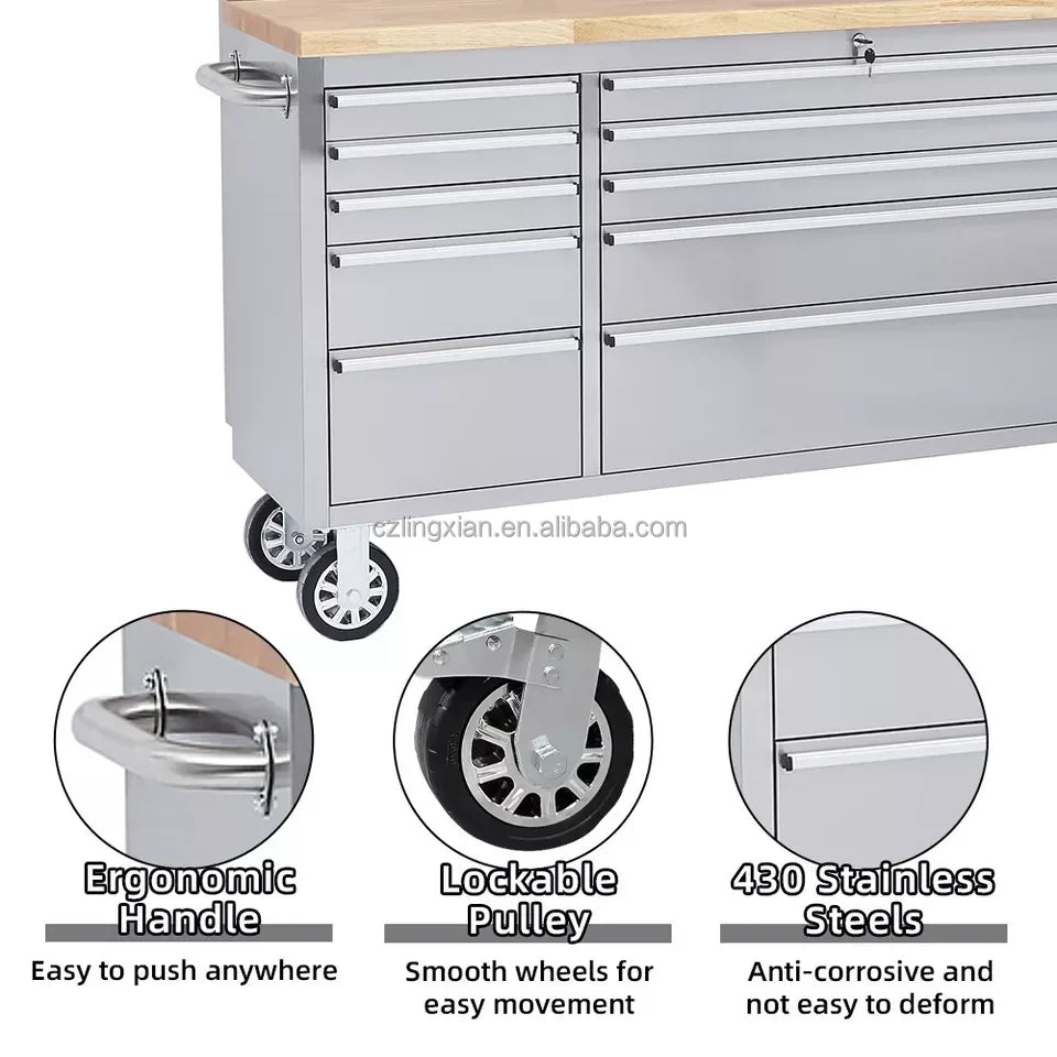 OEM Wholesale Stainless Steel Mobile Workbench Cabinet 72-Inch Rolling Large Tools Cabinet Garage With 15 Drawers