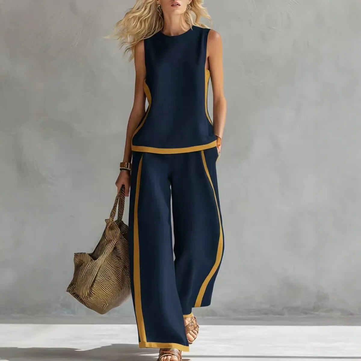 Simple Stripe Print Women's Suits Summer Fashion Sleeveless Loose Blouse Wide Leg Pants Two Piece Set For Women Casual Outfits