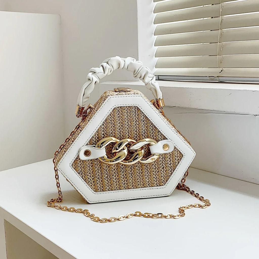 Patchwork Straw Carry-on Women's Bag Fashion Chain Diagonal Bag Summer Texture Chain Bag Woven Carry-on Box Bag