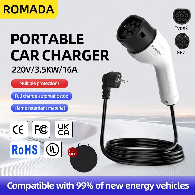 ROMADA Type2 Portable EV Charger 3.5KW 16A, IP66 Waterproof EU Plug EV Charging Station 3M-20M Cable for Home & Outdoor