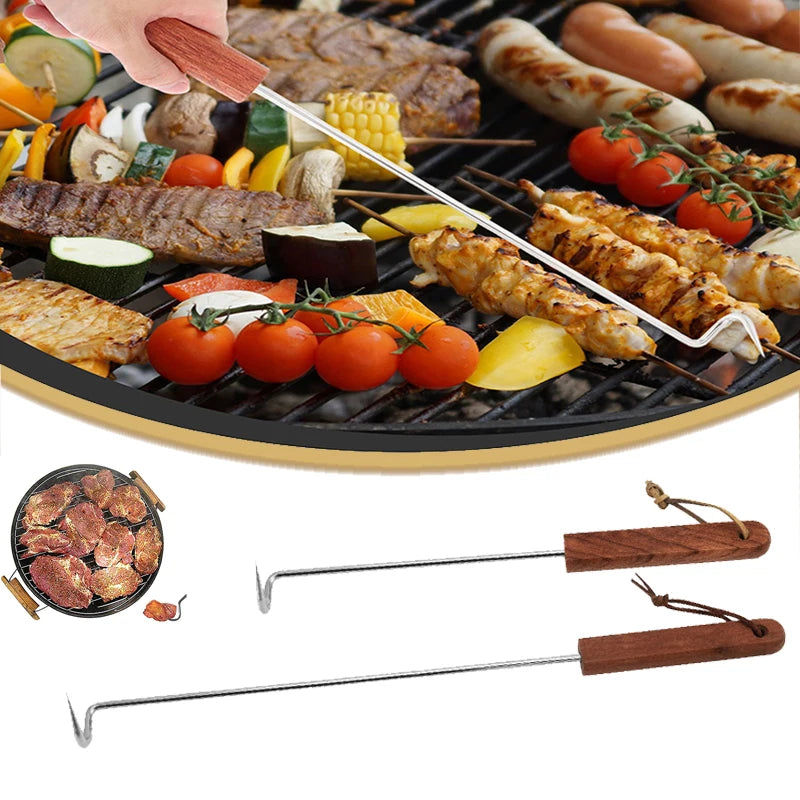 BBQ Meat Flipper Hook Outdoor Camping Food Turner Hook with Wooden Handle Reusable Barbecue Food Flipper Grilling Cooking Tool