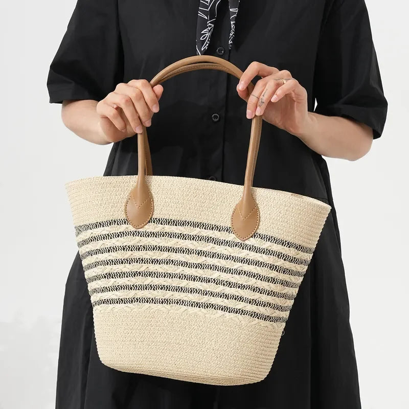 Striped Woven Straw Beach Tote Bag Large Capacity Nail Detail Shoulder Bag for Women Seaside Vacation Vegetable Basket