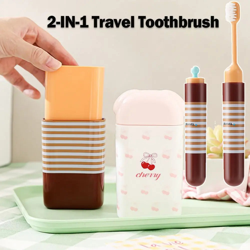 2-IN-1 Travel Toothbrush Set Portable Foldable Toothpaste Tube Storage Box Mini Soft Bristled Folding Toothbrush Dispenser