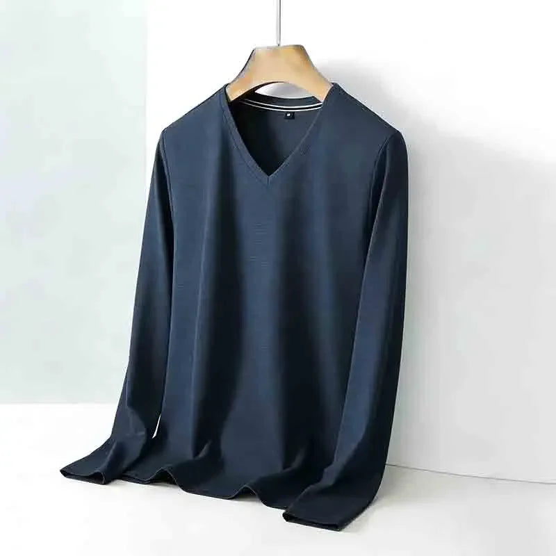 Basic Men's Light Gray V-neck Long Sleeve T-shirt Textured Fabric Casual Top for Everyday Outfits