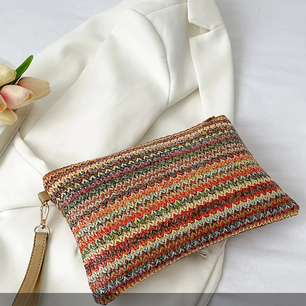 Vintage Hand Woven Clutch Bag Colourful Money Beach Long Bag Handmade Casual Portable Elegant Exquisite for Weekend Vacation