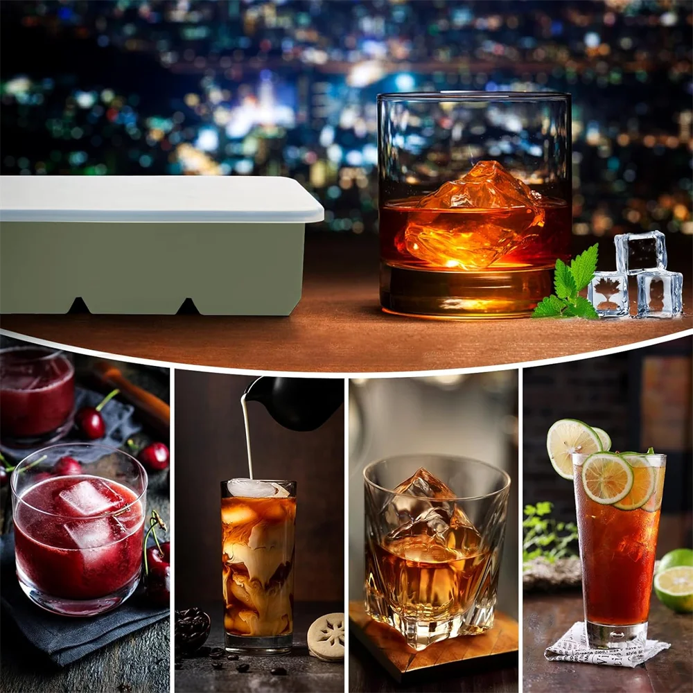 Large Ice Cube Tray with Lid,Stackable Big Silicone Square Ice Cube Mold for Whiskey Cocktails Bourbon Soups  Treats,BPA Free