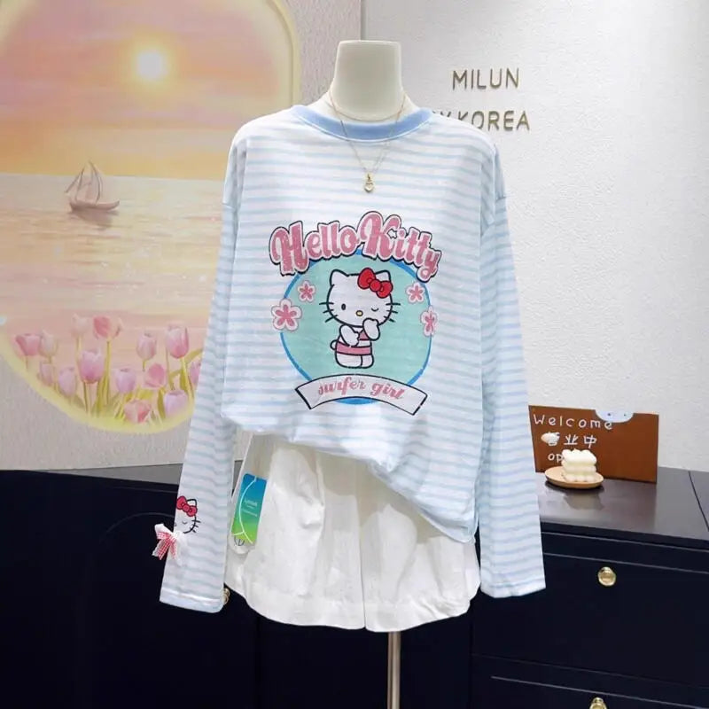 Women's T-Shirt Hello Kitty 2026 Summer Age-Reducing New Style Milk Blue Striped Thin Sunscreen Long-Sleeved Top Versatile Print