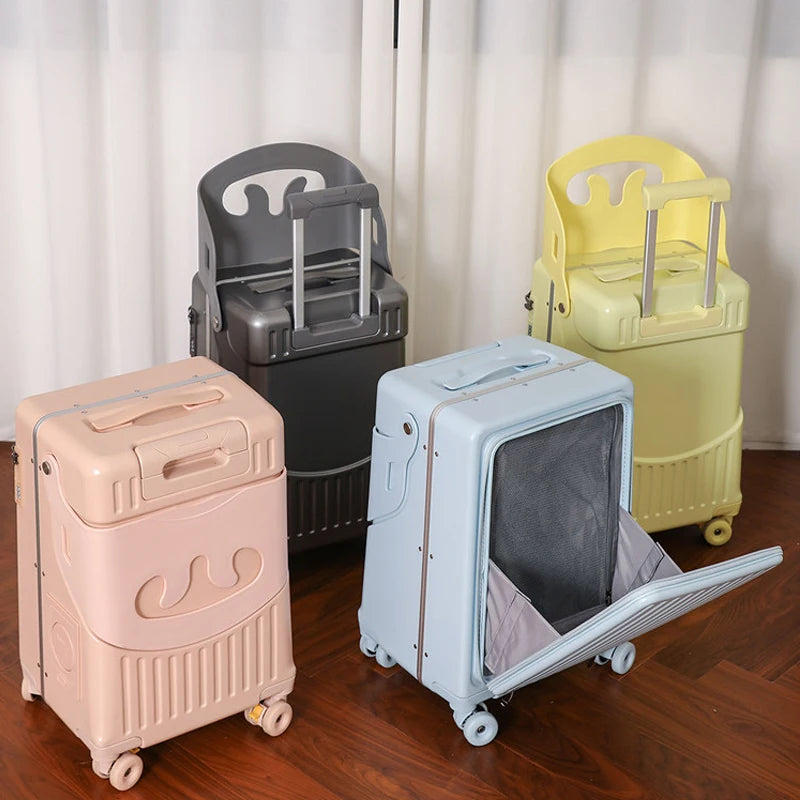 Front Opening Suitcase for Children can Sit 20/22 inch Ride on Luggage Sturdy Thickened PC Travel Suitcase with Cup Holder