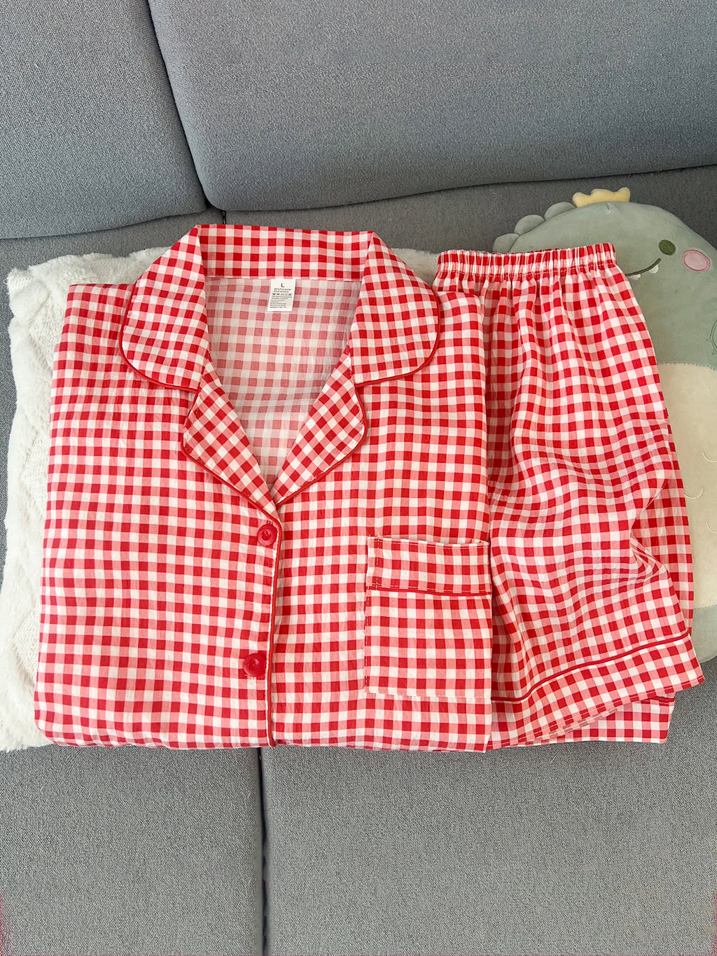 Women's Summer Pajamas, Thin Plaid Pattern Short-Sleeved Shorts, Sweet and Cute, Can Be Worn Outside in Summer, Two-Piece Home Wear Set