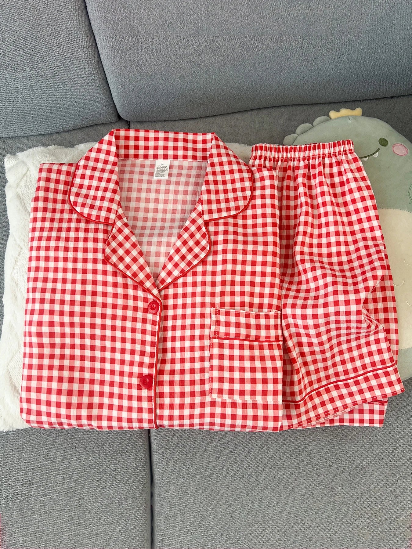 Women's Summer Pajamas, Thin Plaid Pattern Short-Sleeved Shorts, Sweet and Cute, Can Be Worn Outside in Summer, Two-Piece Home Wear Set