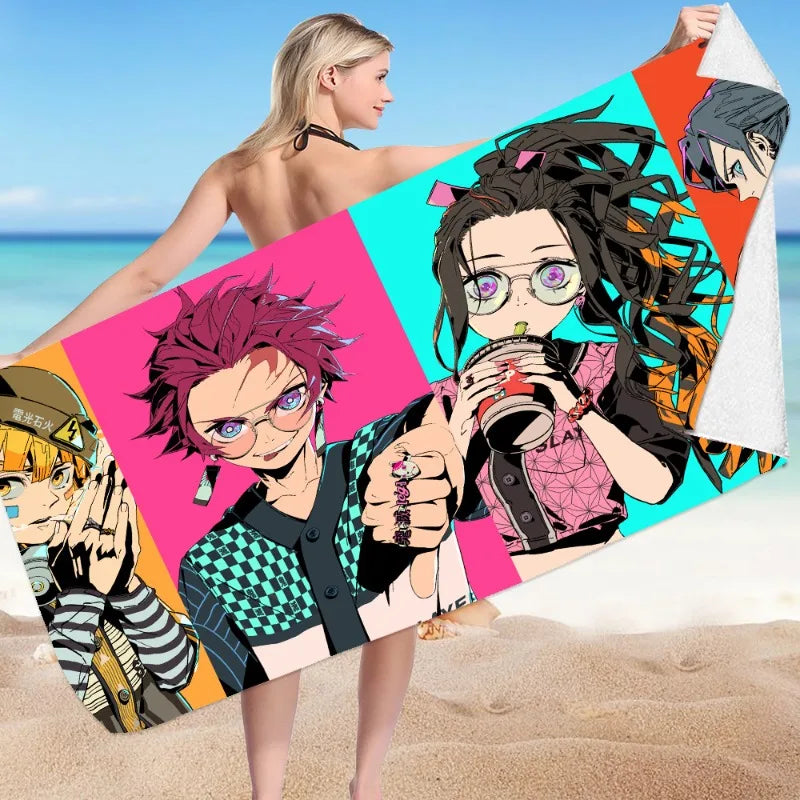Creative Demon Slayers Cute Beach Ultra-fine Fiber Double-sided Velvet Beach Towels Versatile Bath Square Towel Beach Towel Gif