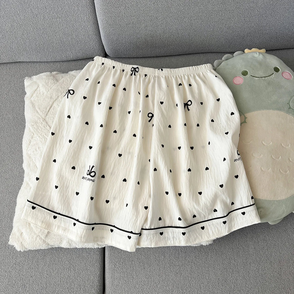 Women's Summer Thin Pajamas with Heart-Shaped Bow Pattern, Short-Sleeved Shorts, Sweet and Cute, Can Be Worn Outside in Summer, Two-Piece Home Wear Set
