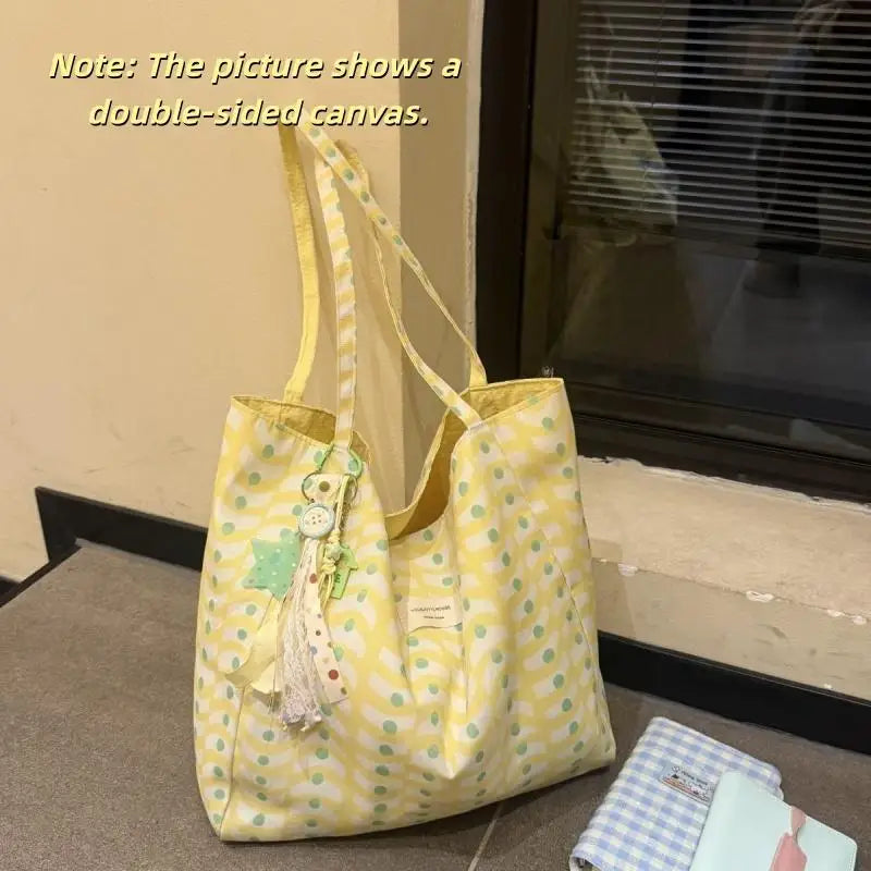 1PCS Korean Style Reversible Canvas Tote Bag Large Capacity Casual Shoulder Bags For Women Student Work Gift Shopping Bags