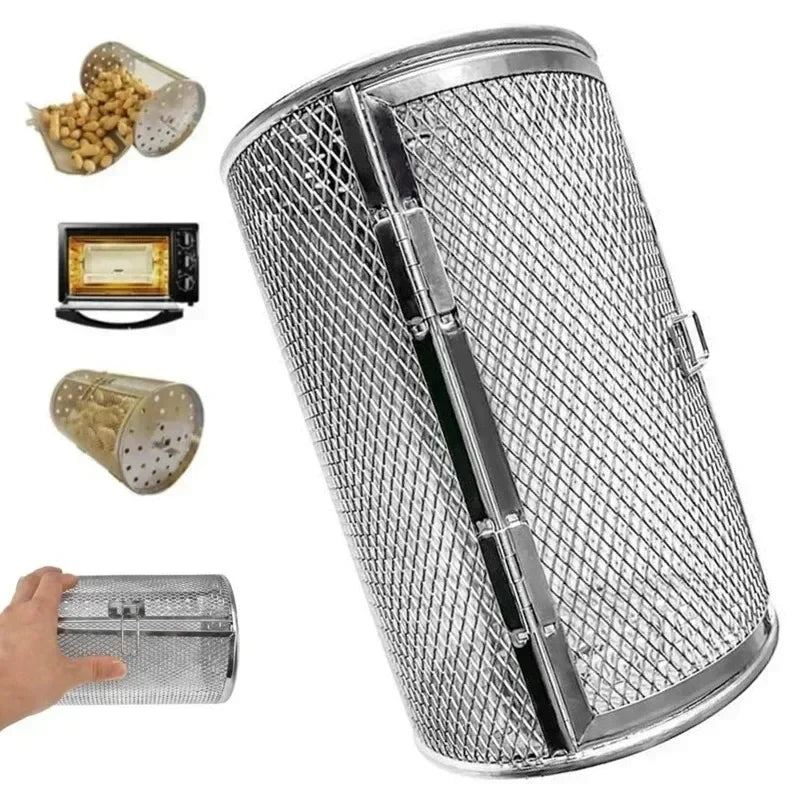 Stainless Steel Rotisserie Basket Rotisserie Grill Roaster Drum Oven Rotary Baking Cage for Peanut Dried Nut Coffee Beans BBQ