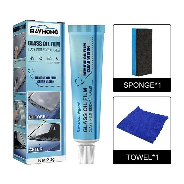 Car Glass Film Removal Cream Strong Decontamination Windshield Stain Remover with Sponge Mirror Cleaner for Auto Maintenance