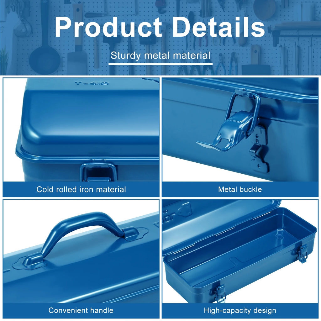 16.9inch Tool Box Portable Steel Tool Box Hip Roof Style with Metal Latch Closure Tool Chest for Household Workshop 43x17x13cm