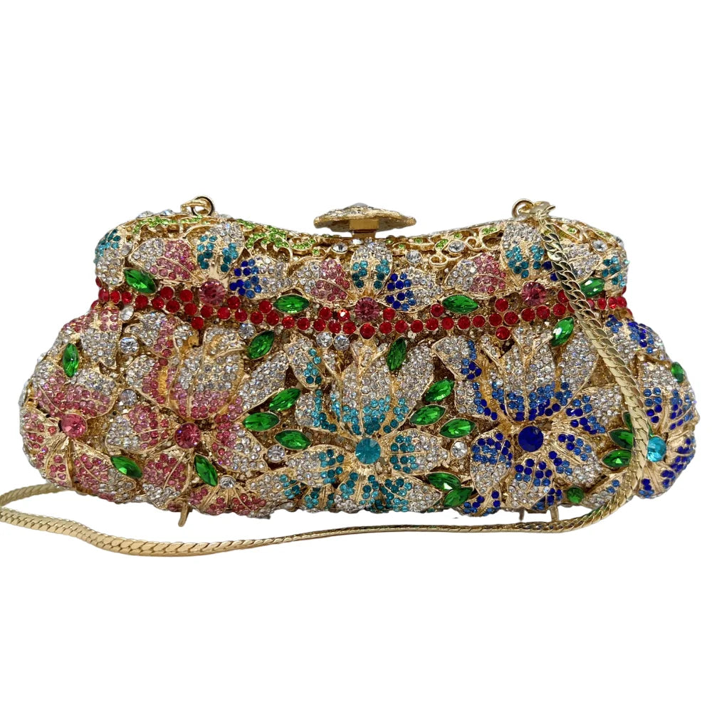 High Quality Flower Hollow Diamond Wedding Dinner Ladies Diamond Chain Bag Evening Bag