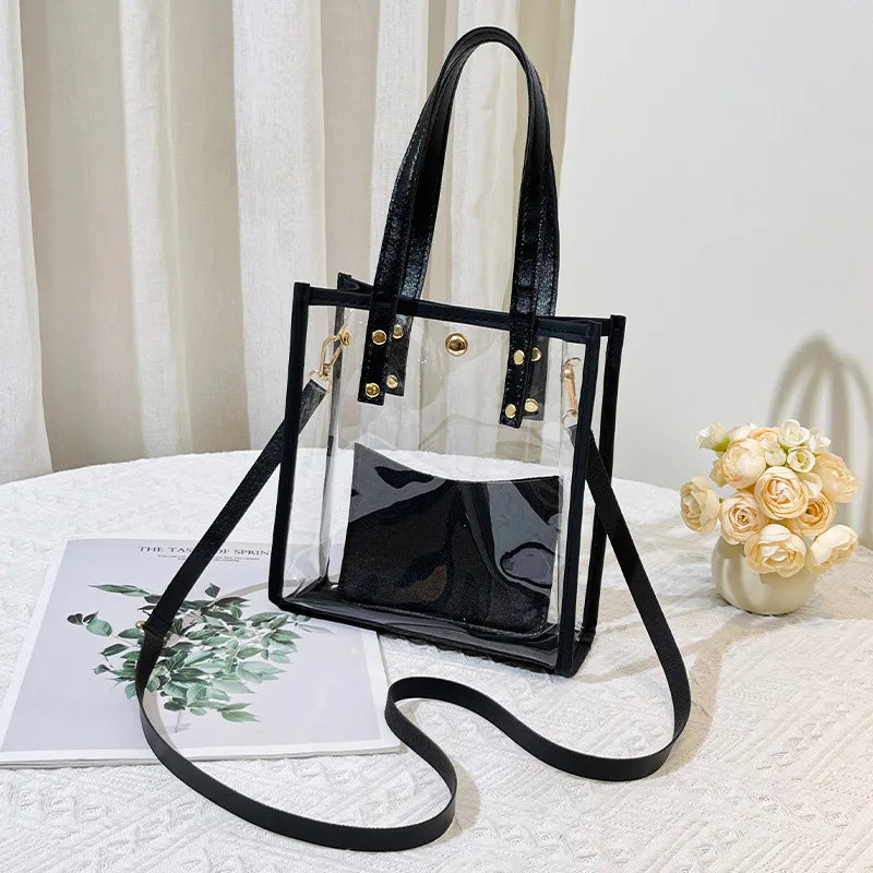 Women Mini Clear PVC Tote Bag Summer Transparent Jelly Handbag With Detachable Crossbody Strap